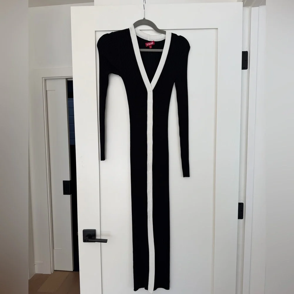 STAUD Black Long Sleeve Dress with White Trim - Picture 1 of 1